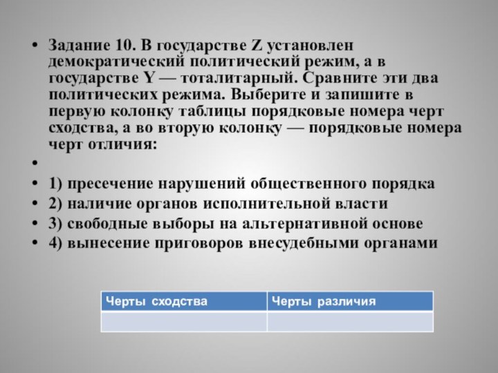 Задание 10. В государстве Z установлен демократический политический режим, а в государстве