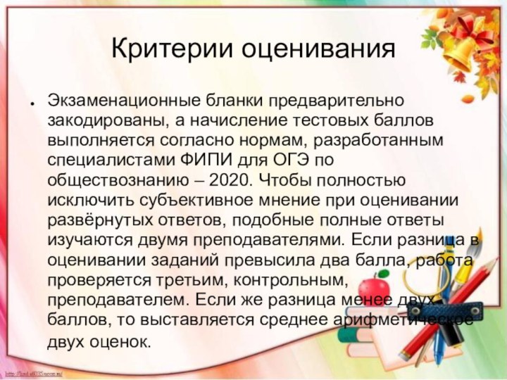 Критерии оцениванияЭкзаменационные бланки предварительно закодированы, а начисление тестовых баллов выполняется согласно нормам,