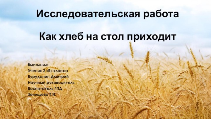 Исследовательская работа  Как хлеб на стол приходитВыполнил:Ученик 2 «Б» классаБуруданин ДмитрийНаучный руководительВоспитатель ГПДЗенищева Т.И.