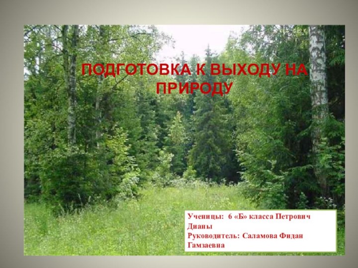 ПОДГОТОВКА К ВЫХОДУ НА ПРИРОДУУченицы: 6 «Б» класса Петрович ДианыРуководитель: Саламова Фидан Гамзаевна