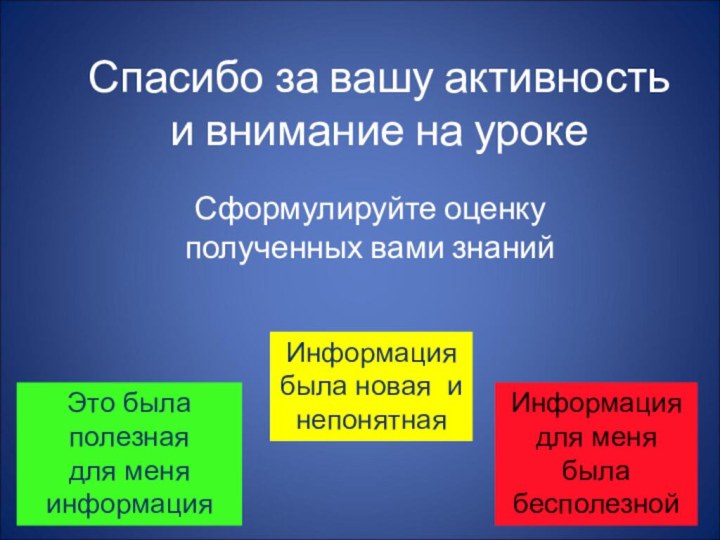 Спасибо за вашу активность и внимание на урокеСформулируйте оценку полученных вами знанийЭто