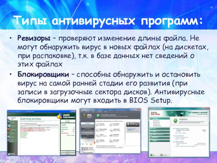 Типы антивирусных программ:Ревизоры – проверяют изменение длины файла. Не могут обнаружить вирус в