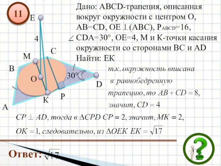 Дано: АВСD-трапеция, описаннаявокруг окружности с центром О,АВ=СD, ОЕ  (АВС), РАВСD=16,СDА=30°, ОЕ=4,