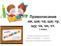 Презентация по русскому языку на тему Правописание жи,ши; ча,ща; чу,щу; чк,чн,чт. Закрепление. (1 класс ПНШ)