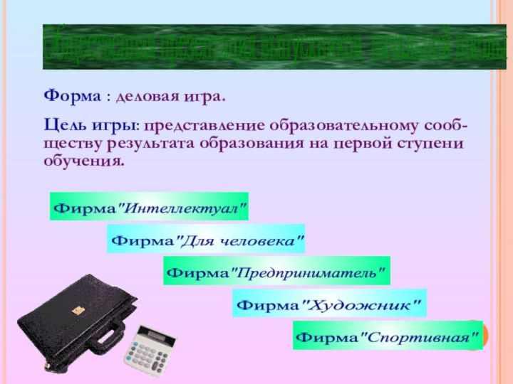 Общественная презентация выпускников начальной школы Форма : деловая игра.Цель игры: представление образовательному