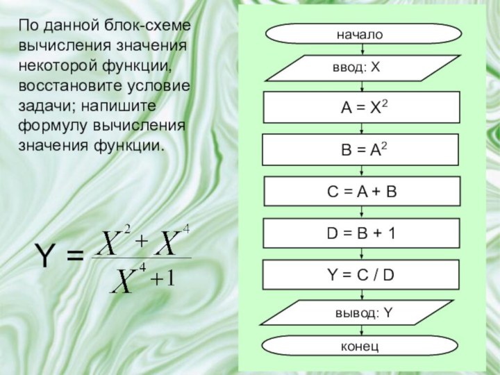 По данной блок-схеме вычисления значения некоторой функции, восстановите условие задачи; напишите формулу вычисления значения функции.