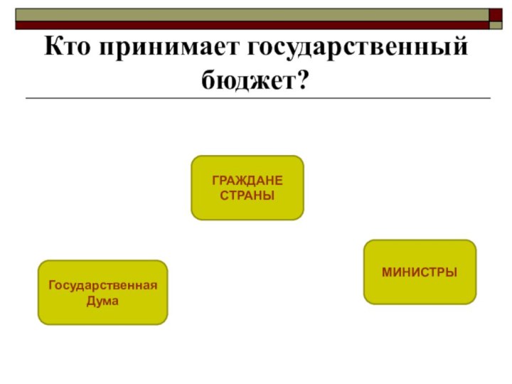 Кто принимает государственный бюджет?Государственная ДумаГРАЖДАНЕ СТРАНЫМИНИСТРЫ