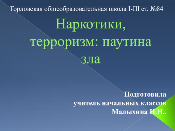 Наркотики, терроризм: паутина злаПодготовила учитель начальных классов Малыхина Н.Н..Горловская общеобразовательная школа I-III ст. №84