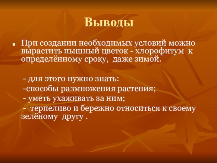 Выводы При создании необходимых условий можно вырастить пышный цветок - хлорофитум к