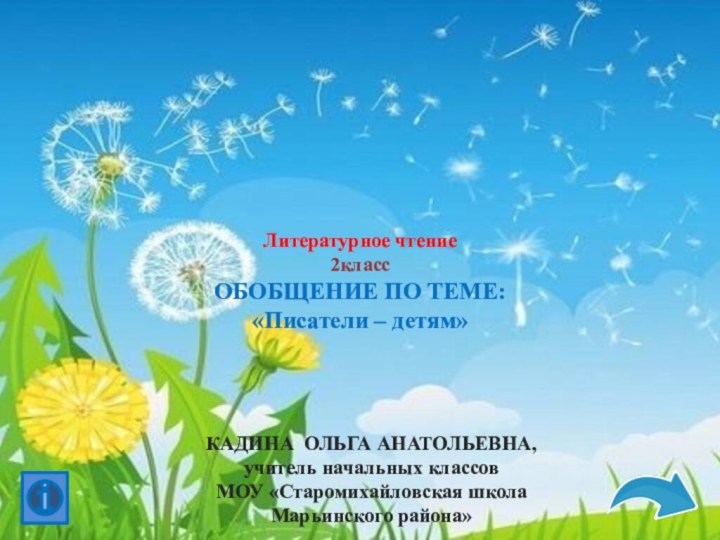 КАДИНА ОЛЬГА АНАТОЛЬЕВНА,учитель начальных классовМОУ «Старомихайловская школа Марьинского района»Литературное чтение2классОБОБЩЕНИЕ ПО ТЕМЕ:«Писатели – детям»