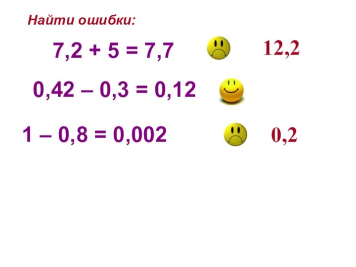 Найти ошибки: 12,20,27,2 + 5 = 7,70,42 – 0,3 = 0,121 – 0,8 = 0,002