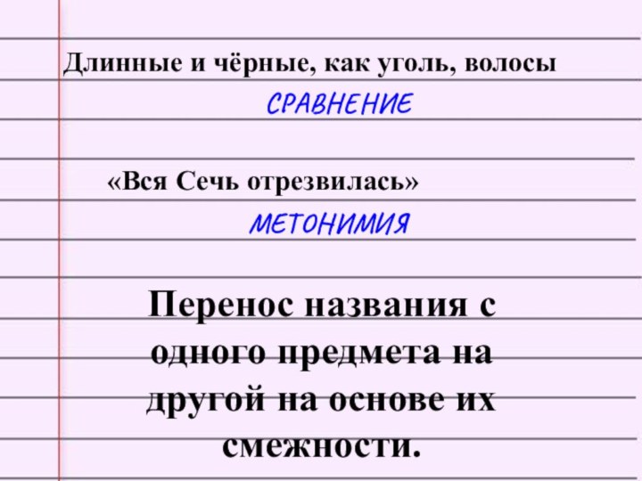 Длинные и чёрные, как уголь, волосыСРАВНЕНИЕ«Вся Сечь отрезвилась»МЕТОНИ́МИЯПеренос названия с одного предмета