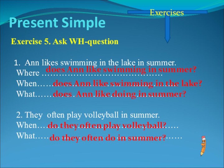 Present Simple ExercisesExercise 5. Ask WH-questionAnn likes swimming in the lake in