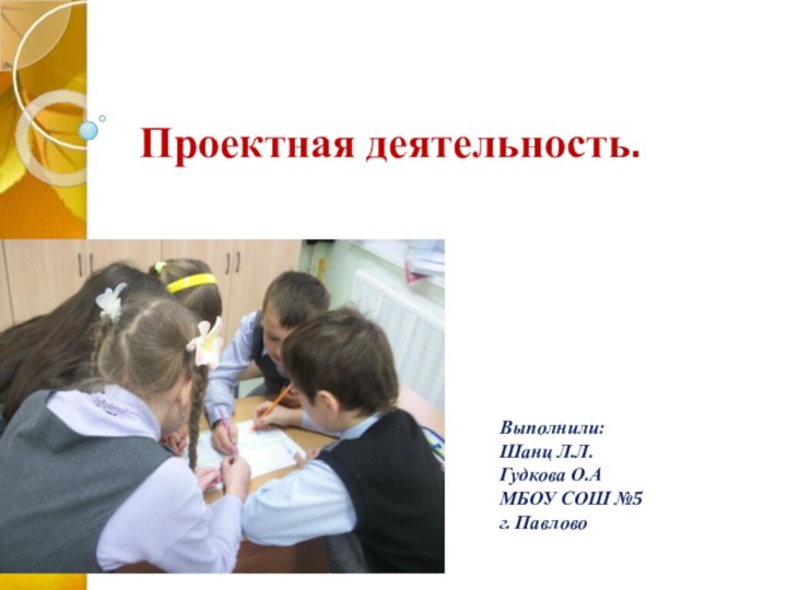 Проектная деятельность.Выполнили: Шанц Л.Л.Гудкова О.АМБОУ СОШ №5г. Павлово