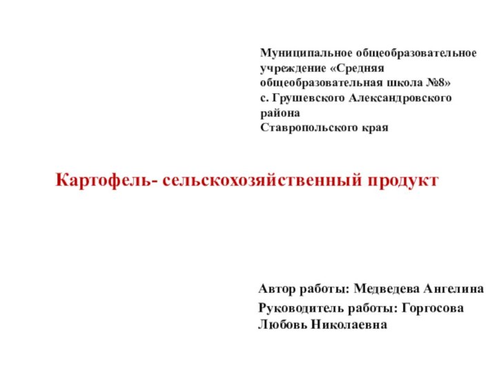 Картофель- сельскохозяйственный продуктАвтор работы: Медведева АнгелинаРуководитель работы: Горгосова Любовь НиколаевнаМуниципальное общеобразовательное учреждение