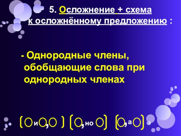 5. Осложнение + схема к осложнённому предложению :  Однородные члены, обобщающие слова при однородных членахино,,,а