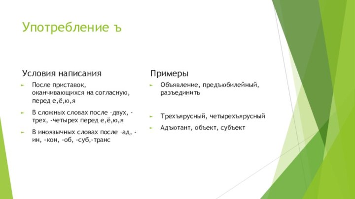 Употребление ъУсловия написанияПосле приставок, оканчивающихся на согласную, перед е,ё,ю,яВ сложных словах после