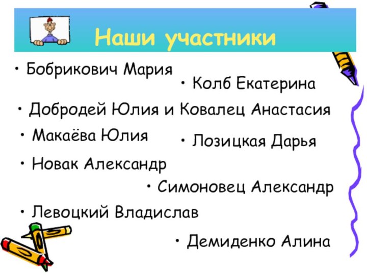 Бобрикович МарияНаши участникиКолб ЕкатеринаДобродей Юлия и Ковалец АнастасияМакаёва ЮлияЛозицкая ДарьяНовак АлександрСимоновец АлександрЛевоцкий ВладиславДемиденко Алина