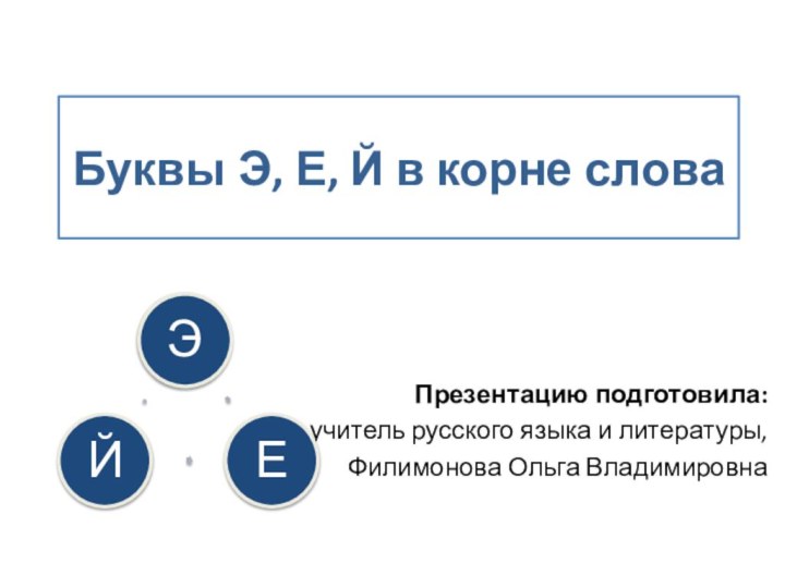 Буквы Э, Е, Й в корне словаПрезентацию подготовила:учитель русского языка и литературы,Филимонова Ольга Владимировна