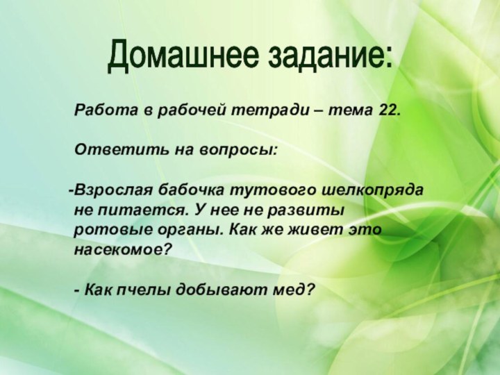 Домашнее задание: Работа в рабочей тетради – тема 22.Ответить на вопросы:Взрослая бабочка