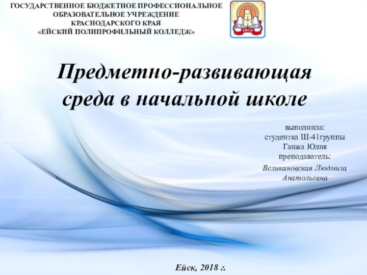 Предметно-развивающая среда в начальной школеГОСУДАРСТВЕННОЕ БЮДЖЕТНОЕ ПРОФЕССИОНАЛЬНОЕ ОБРАЗОВАТЕЛЬНОЕ УЧРЕЖДЕНИЕ  КРАСНОДАРСКОГО КРАЯ«ЕЙСКИЙ