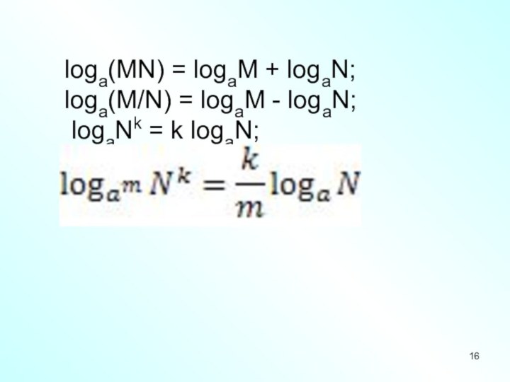 loga(MN) = logaM + logaN;loga(M/N) = logaM - logaN; logaNk = k logaN;