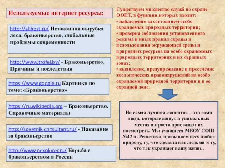 Используемые интернет ресурсы:Существуем множество служб по охране ООПТ, в функции которых входит:•