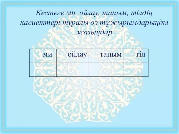 Кестеге ми, ойлау, таным, тілдің қасиеттері туралы өз тұжырымдарыңды жазыңдар