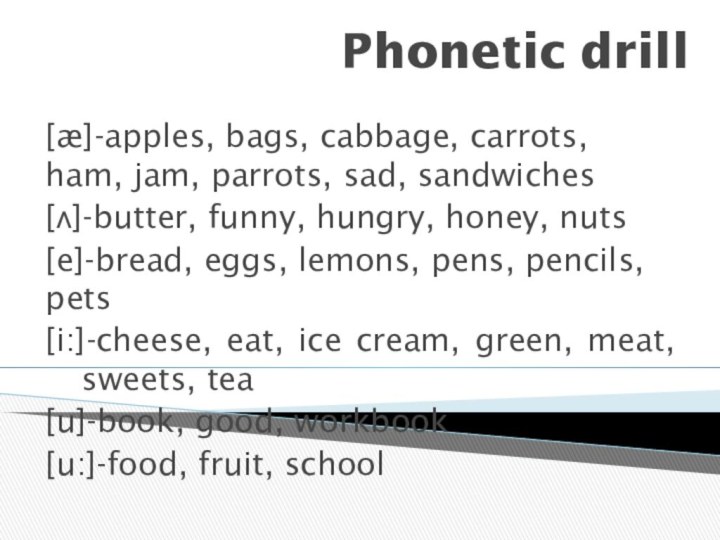 Phonetic drill[æ]-apples, bags, cabbage, carrots,   	ham, jam, parrots, sad, sandwiches[ʌ]-butter,