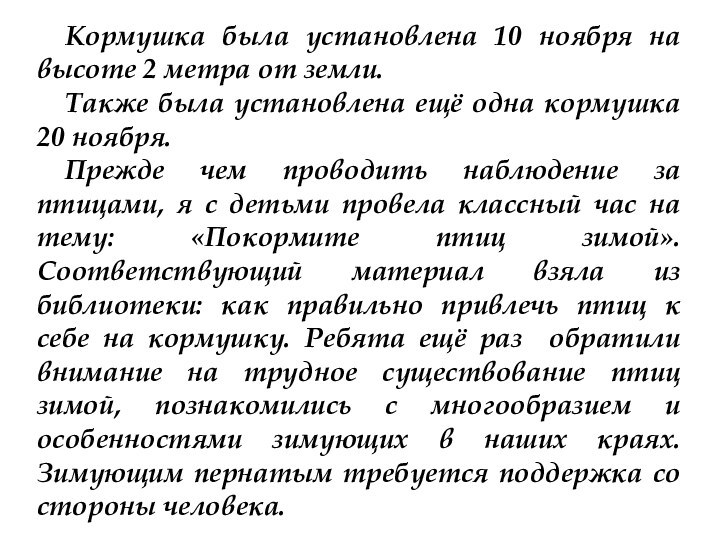 Кормушка была установлена 10 ноября на высоте 2 метра от земли. Также