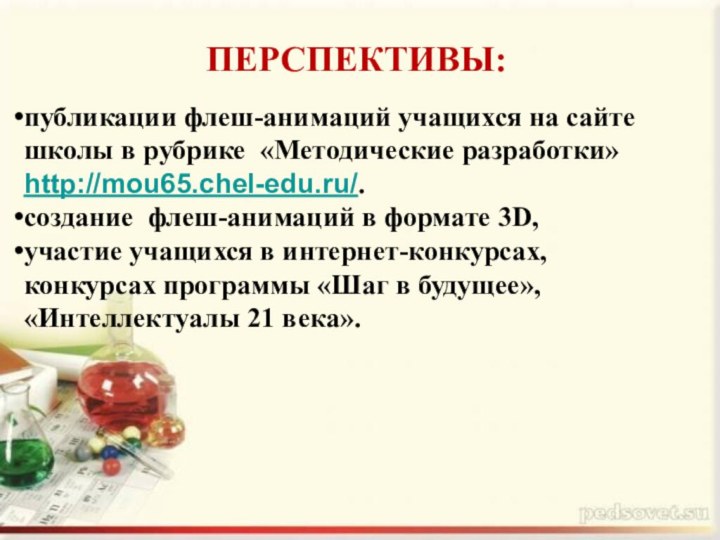 ПЕРСПЕКТИВЫ:публикации флеш-анимаций учащихся на сайте школы в рубрике «Методические разработки» http://mou65.chel-edu.ru/. создание