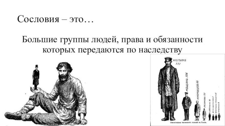 Сословия – это…Большие группы людей, права и обязанности которых передаются по наследству