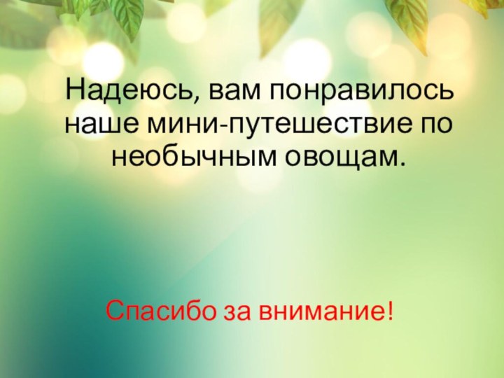 Спасибо за внимание! Надеюсь, вам понравилось наше мини-путешествие по необычным овощам.