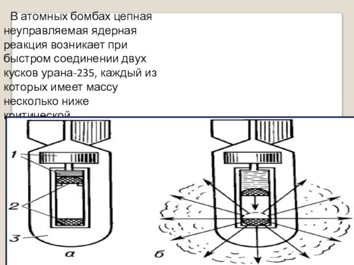 В атомных бомбах цепная неуправляемая ядерная реакция возникает при быстром соединении двух