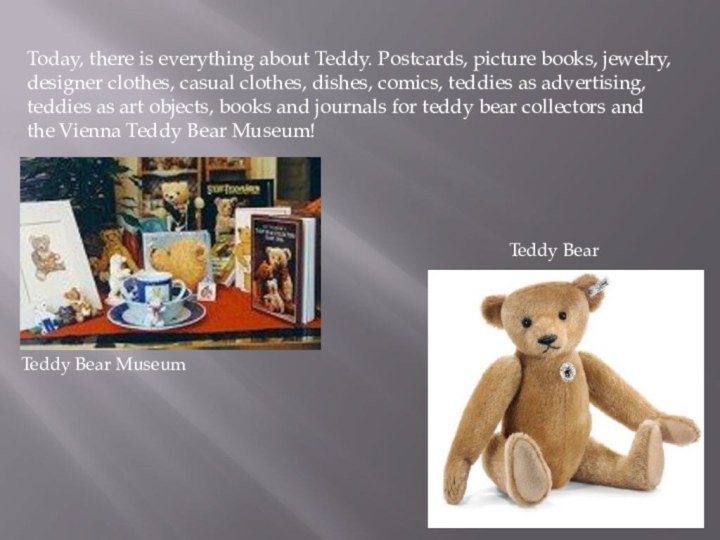 Today, there is everything about Teddy. Postcards, picture books, jewelry, designer clothes,