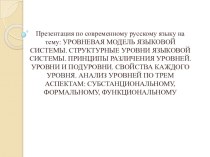 Презентация по современному русскому языку на тему: УРОВНЕВАЯ МОДЕЛЬ ЯЗЫКОВОЙ СИСТЕМЫ. СТРУКТУРНЫЕ УРОВНИ ЯЗЫКОВОЙ СИСТЕМЫ. ПРИНЦИПЫ РАЗЛИЧЕНИЯ УРОВНЕЙ. УРОВНИ И ПОДУРОВНИ. СВОЙСТВА КАЖДОГО УРОВНЯ. АНАЛИЗ УРОВНЕЙ ПО ТРЕМ АСПЕКТАМ: СУБСТАНЦИОНАЛЬНОМУ, ФОРМ