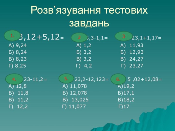 Розв’язування тестових завдань3,12+5,12=      25,3-1,1=