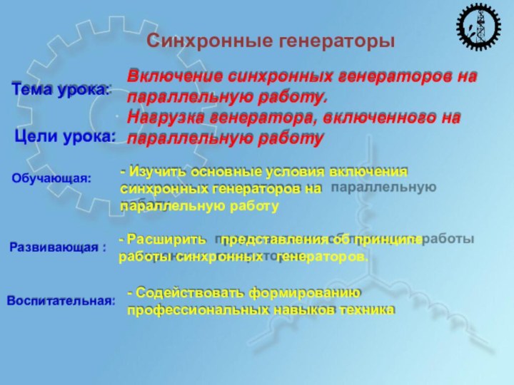 Тема урока:Цели урока:Обучающая:Развивающая :Воспитательная:- Расширить	представления об принципе работы синхронных	 генераторов.- Содействовать формированию