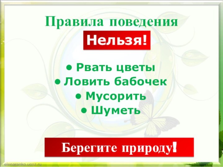 Правила поведенияРвать цветыЛовить бабочекМусоритьШуметьНельзя!Берегите природу!