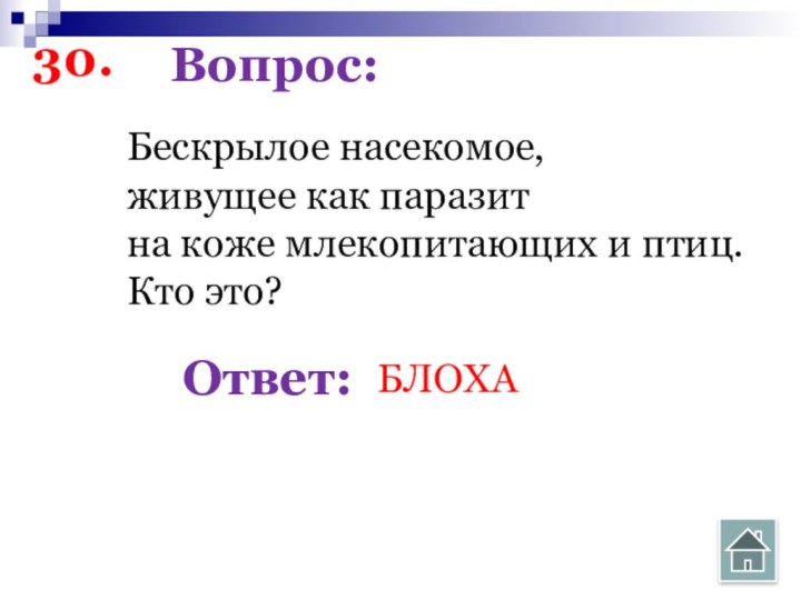 30.Вопрос:Бескрылое насекомое, живущее как паразит на коже млекопитающих и птиц. Кто это?Ответ:БЛОХА