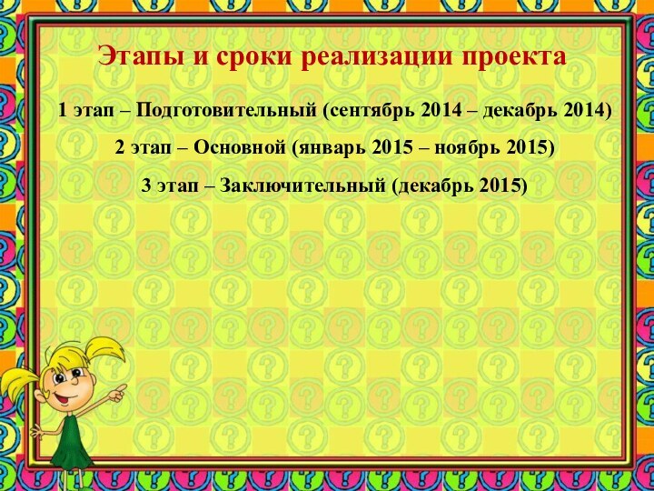 Этапы и сроки реализации проекта1 этап – Подготовительный (сентябрь 2014 – декабрь