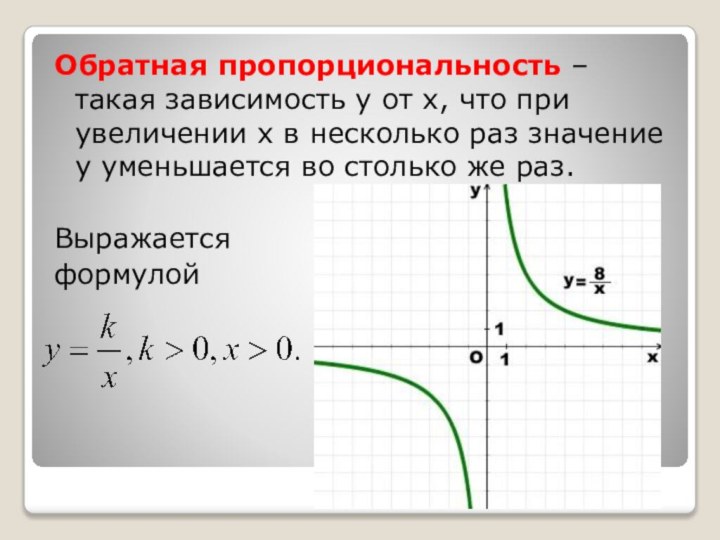 Обратная пропорциональность – такая зависимость y от x, что при увеличении х