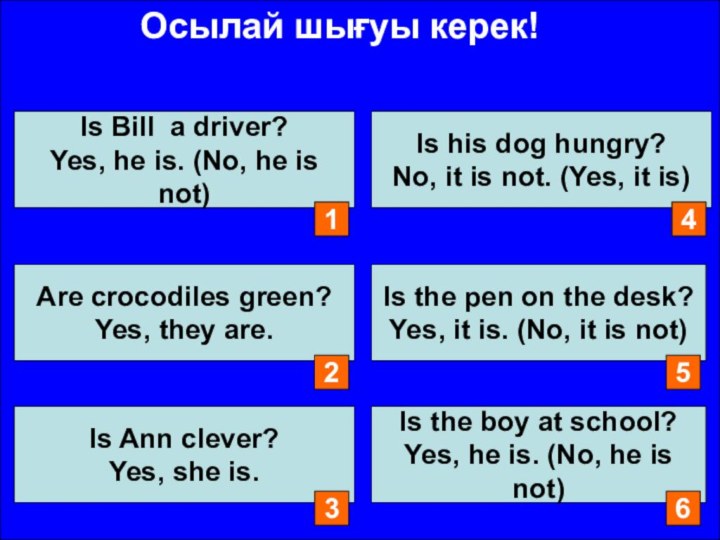 Осылай шығуы керек!Is Bill a driver?Yes, he is. (No, he is not)Are