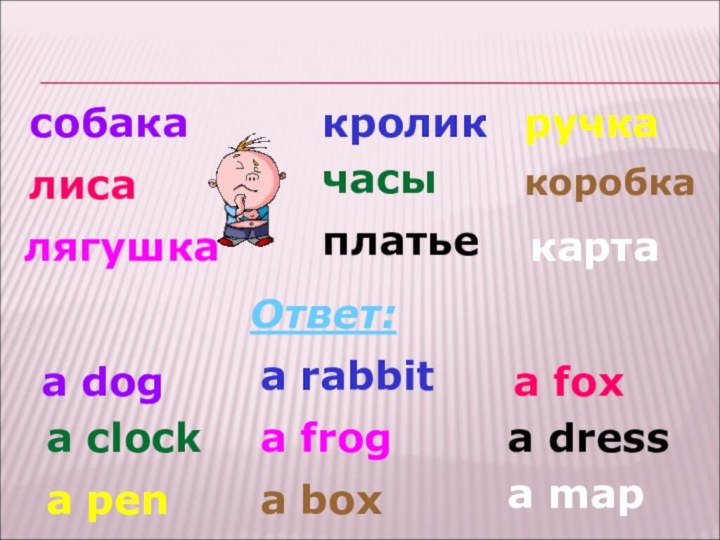 собакакроликлисачасылягушкаплатьеОтвет:a dressa doga rabbita foxa clocka frogручкаa penкоробкаa boxкартаa map