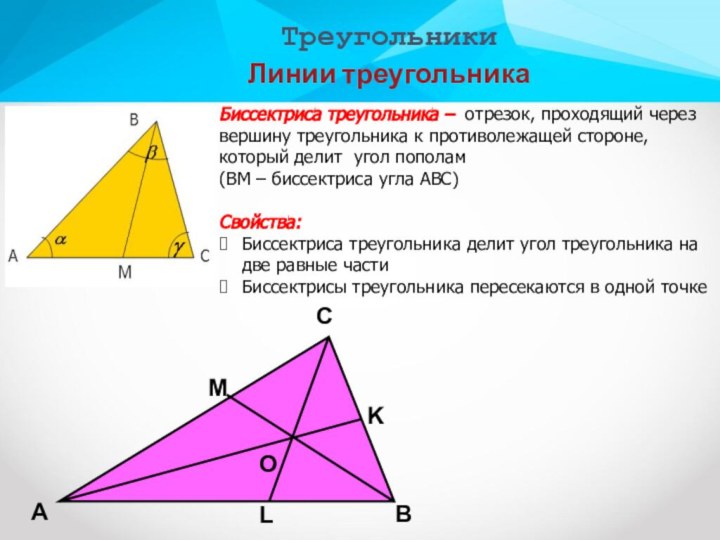 Треугольники  Линии треугольникаБиссектриса треугольника – отрезок, проходящий через вершину треугольника к