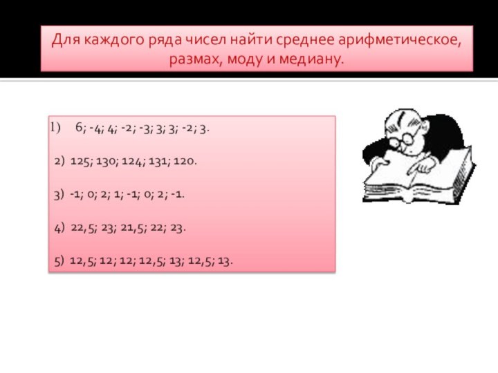 Для каждого ряда чисел найти среднее арифметическое, размах, моду и медиану.6; -4;