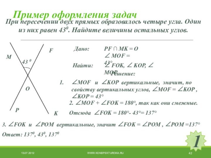 Пример оформления задачПри пересечении двух прямых образовалось четыре угла. Один из них