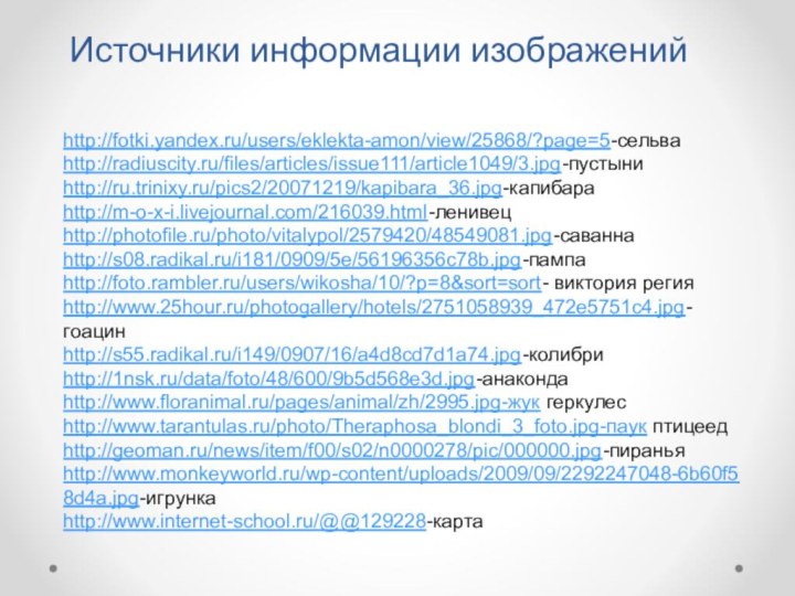 Источники информации изображенийhttp://fotki.yandex.ru/users/eklekta-amon/view/25868/?page=5-сельваhttp://radiuscity.ru/files/articles/issue111/article1049/3.jpg-пустыниhttp://ru.trinixy.ru/pics2/20071219/kapibara_36.jpg-капибараhttp://m-o-x-i.livejournal.com/216039.html-ленивецhttp://photofile.ru/photo/vitalypol/2579420/48549081.jpg-саваннаhttp://s08.radikal.ru/i181/0909/5e/56196356c78b.jpg-пампаhttp://foto.rambler.ru/users/wikosha/10/?p=8&sort=sort- виктория регияhttp://www.25hour.ru/photogallery/hotels/2751058939_472e5751c4.jpg-гоацинhttp://s55.radikal.ru/i149/0907/16/a4d8cd7d1a74.jpg-колибриhttp://1nsk.ru/data/foto/48/600/9b5d568e3d.jpg-анакондаhttp://www.floranimal.ru/pages/animal/zh/2995.jpg-жук геркулесhttp://www.tarantulas.ru/photo/Theraphosa_blondi_3_foto.jpg-паук птицеедhttp://geoman.ru/news/item/f00/s02/n0000278/pic/000000.jpg-пираньяhttp://www.monkeyworld.ru/wp-content/uploads/2009/09/2292247048-6b60f58d4a.jpg-игрункаhttp://www.internet-school.ru/@@129228-карта