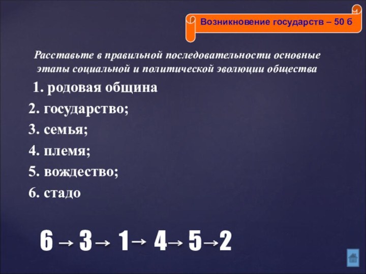 Расставьте в правильной последовательности основные этапы социальной и политической эволюции общества 1.