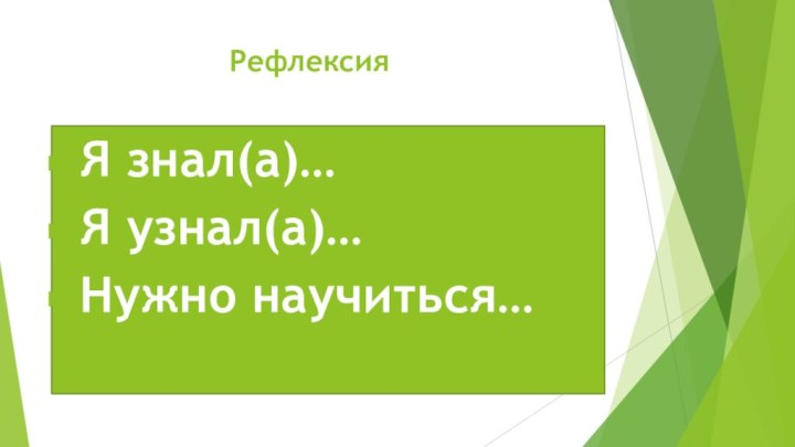 Я знал(а)…Я узнал(а)…Нужно научиться…          Рефлексия